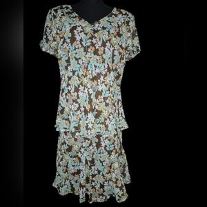 R&K Originals Floral Print Two Piece Skirt Set Short Sleeve V-Neck - Size 18